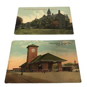 Vintage Fargo ND Postcards Great Northern Passenger Station Jones Memorial Hall